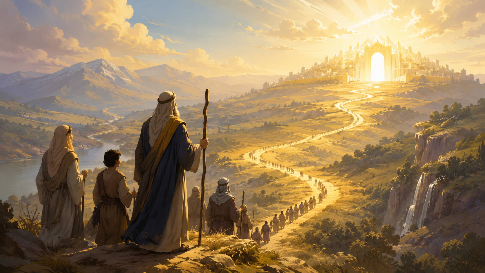 The Promised Land board game — a biblical journey toward the Promised Land featuring a winding golden path, families walking in faith, and a radiant city of light on the horizon