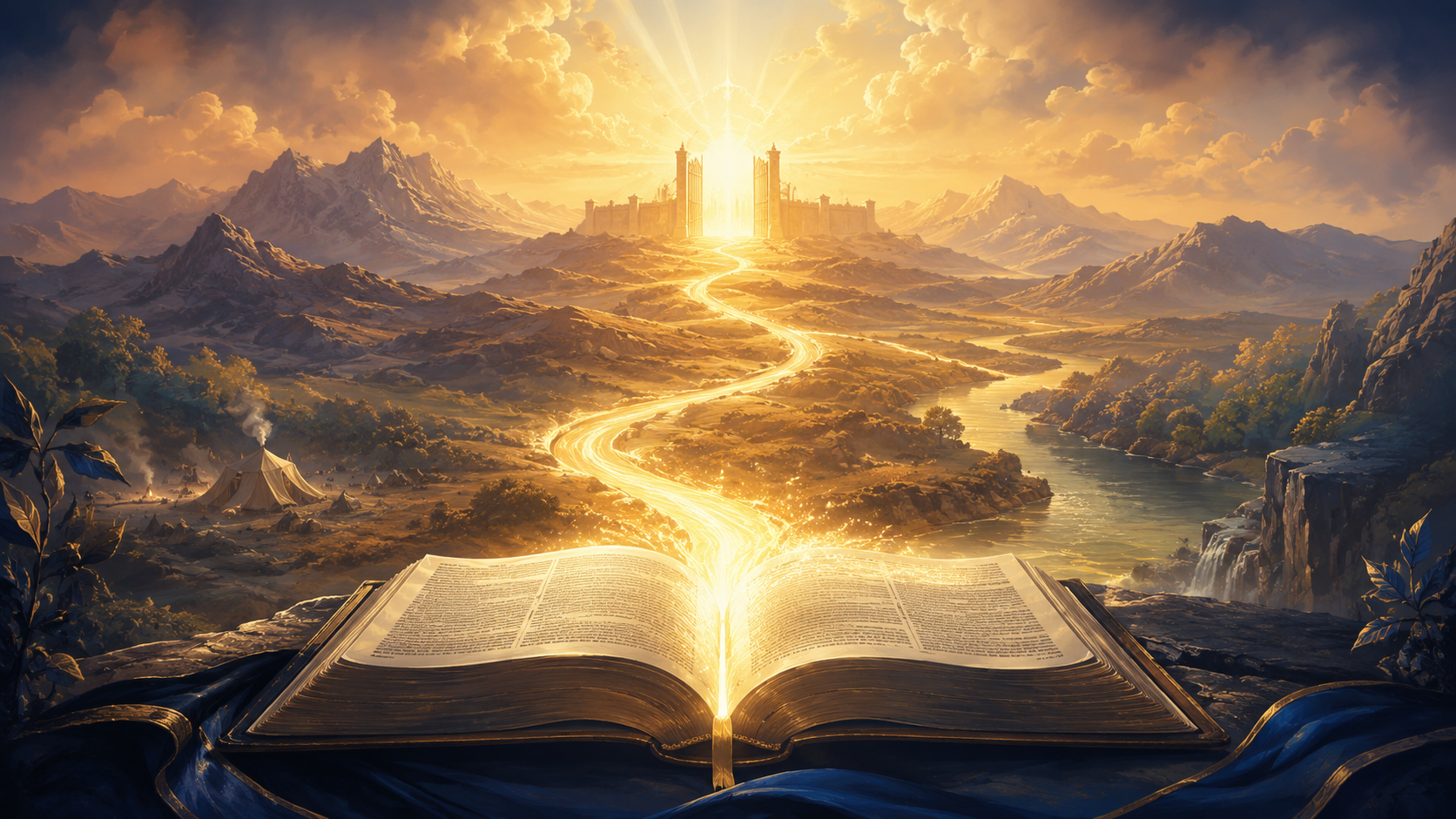 The Promised Land board game — an open Bible with light rays rising from its pages, leading toward a glowing city set among mountains, symbolizing the journey of faith toward the Promised Land